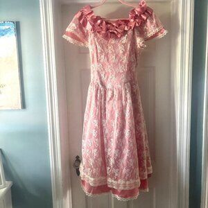 Vintage 80s Gunne Sax Pink Satin Lace Midi Dress Off Shoulder XS Women | 14 Girl